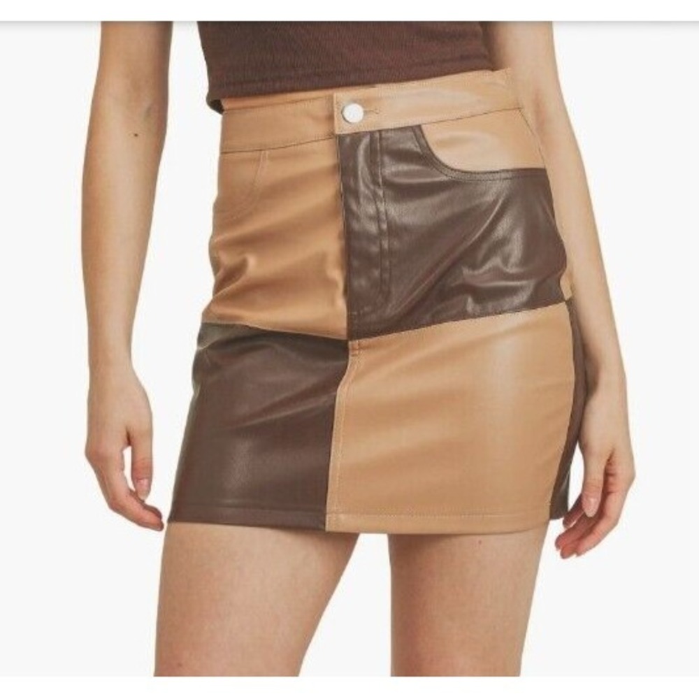 All in Favor Faux Leather Mini Skirt Womens S Color Block Tan Cocoa Patchwork